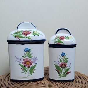 Vintage RC & CL Hand Painted Floral Canisters Set Of 2 Made In Portugal